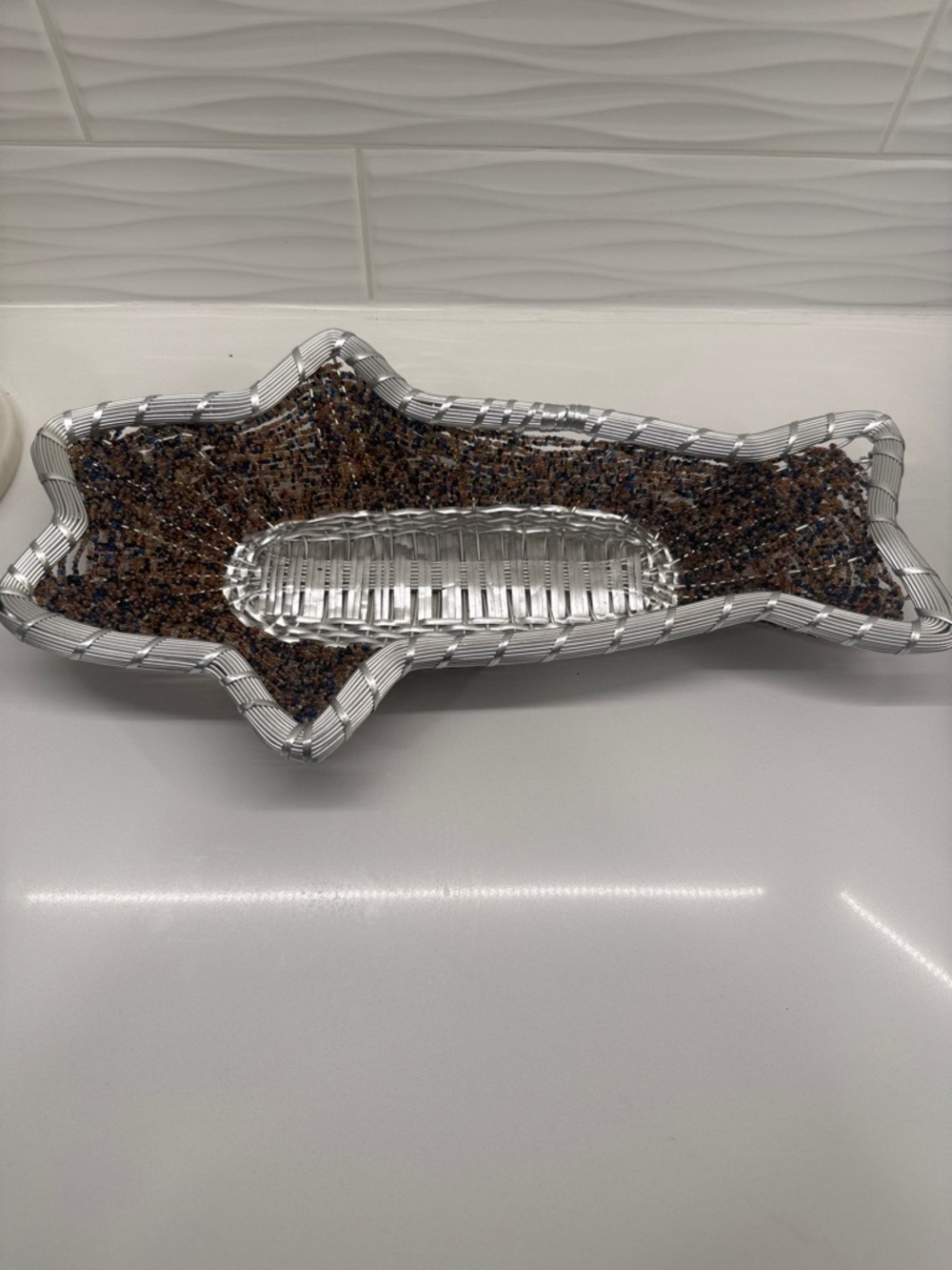 Vintage Hand Beaded Fish-Shaped Basket Tray Silver Wire Coastal Decor